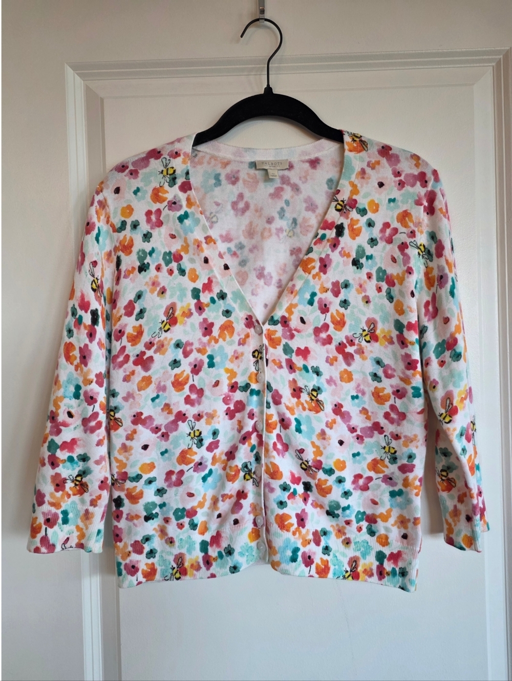🐝Talbots White Multi Floral Watercolor V-Neck Cardigan